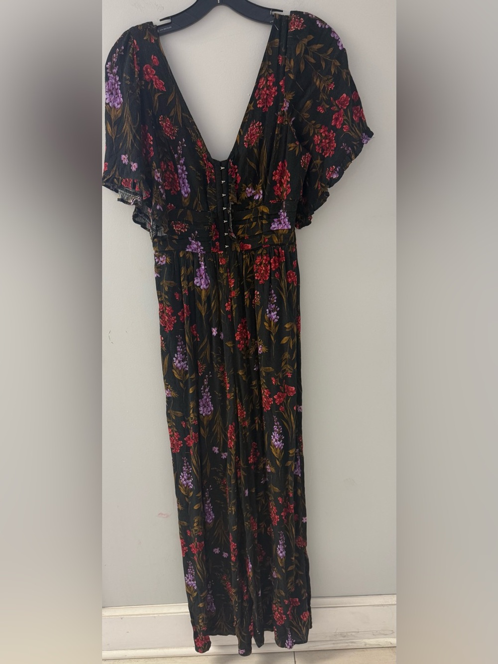 Women’s Black Floral jumpsuit with Deep V-Neck